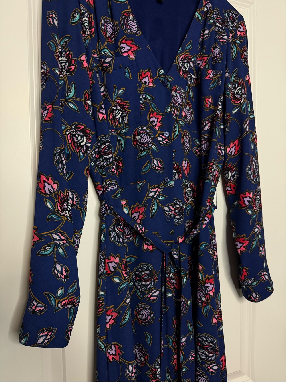 Express Navy Floral Wrap Maxi Dress with Pink Accents